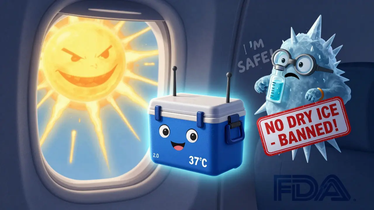 A smart cooler glows safely inside a plane as a giant sun tries to overheat it, cartoon style.