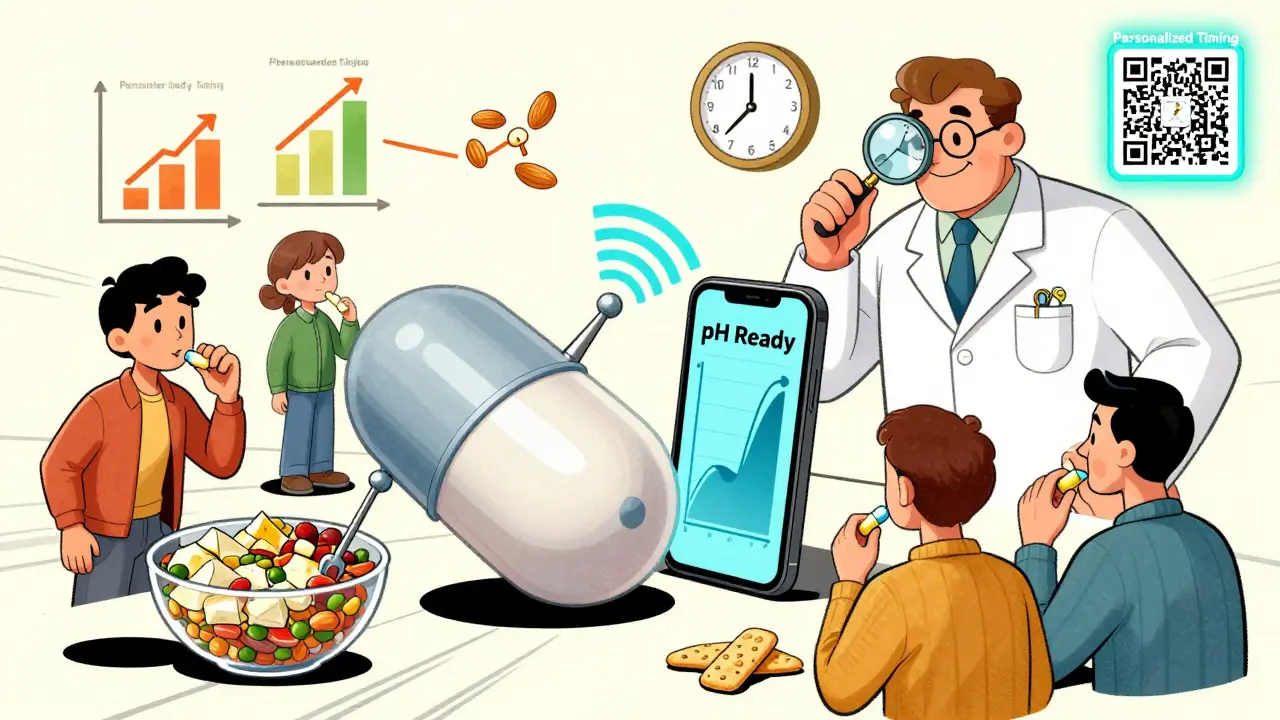 A smart pill sending a signal to a phone showing stomach readiness, with diverse people taking meds with snacks in vintage cartoon style.