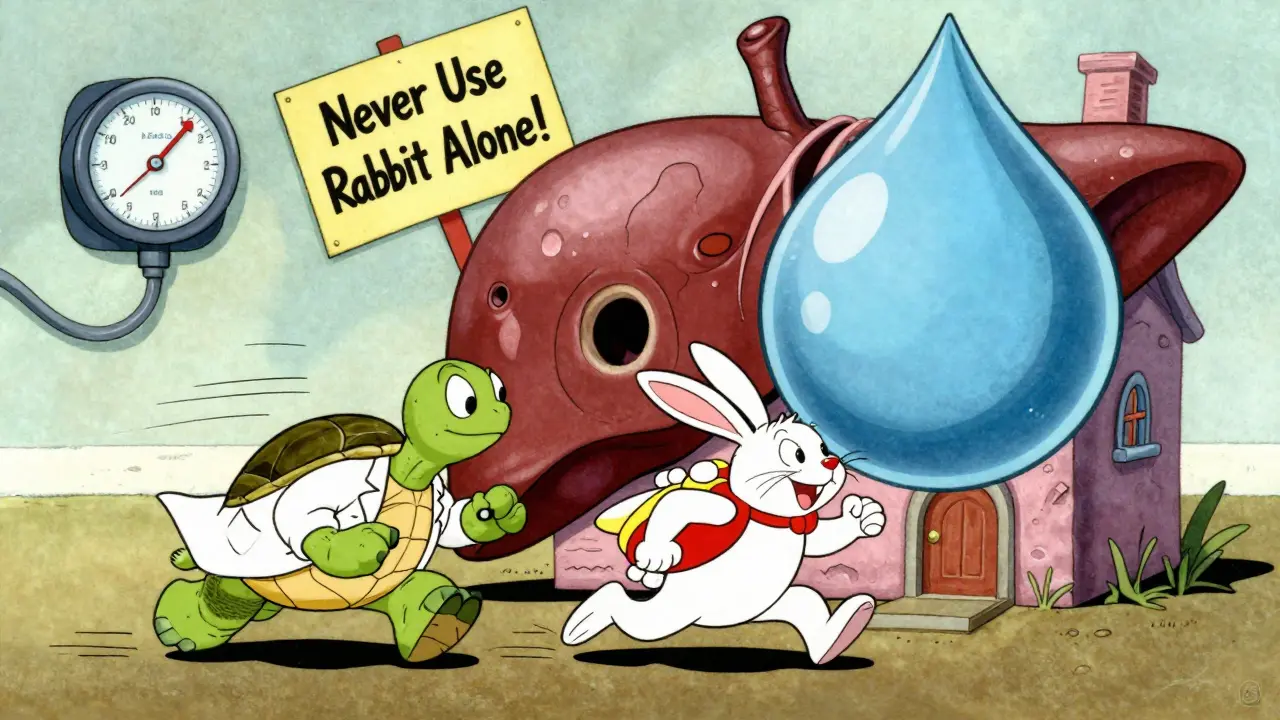 A turtle and rabbit diuretic pills chase a water droplet out of a liver-shaped house, warning sign visible.