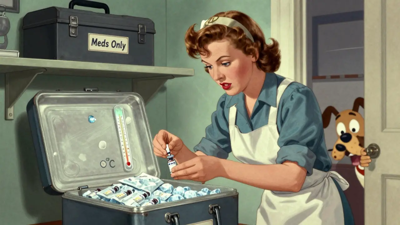 A woman places insulin vials in a cooler with ice packs, while a locked toolbox sits safely on a high shelf.