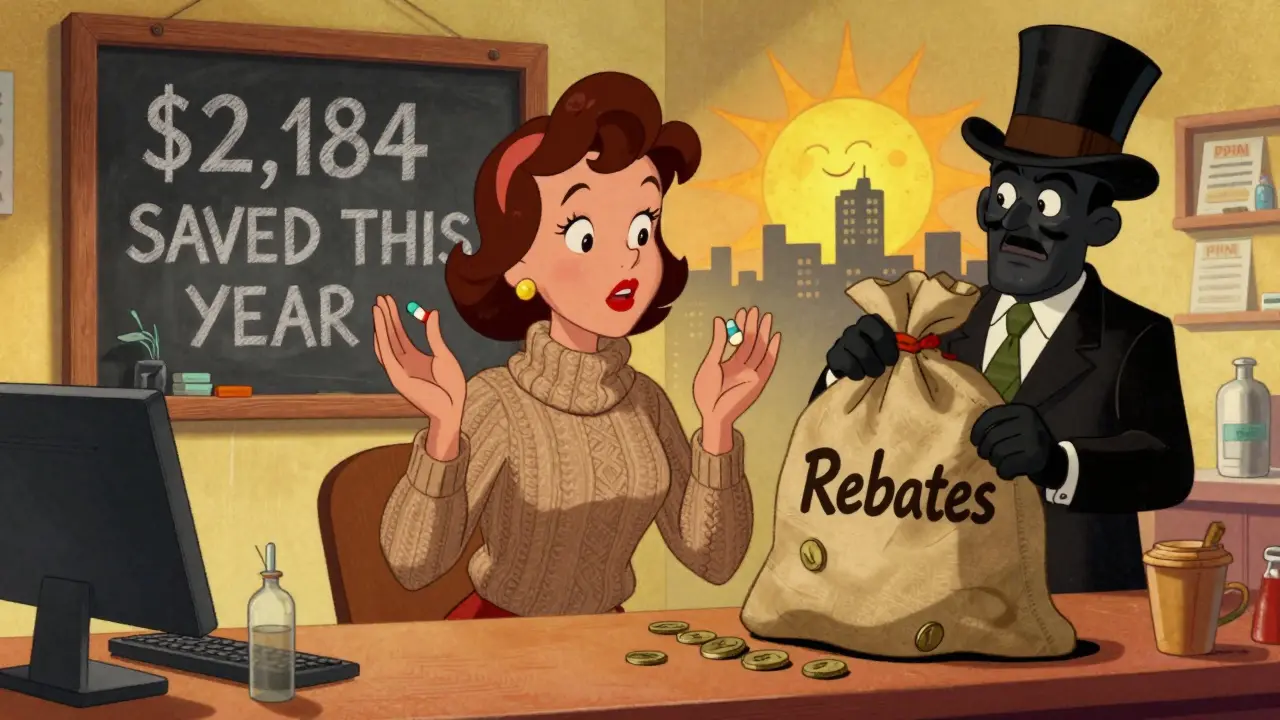 A woman saves money by switching to cheaper pills while a greedy PBM figure loses cash, all in classic Fleischer Studios cartoon style.