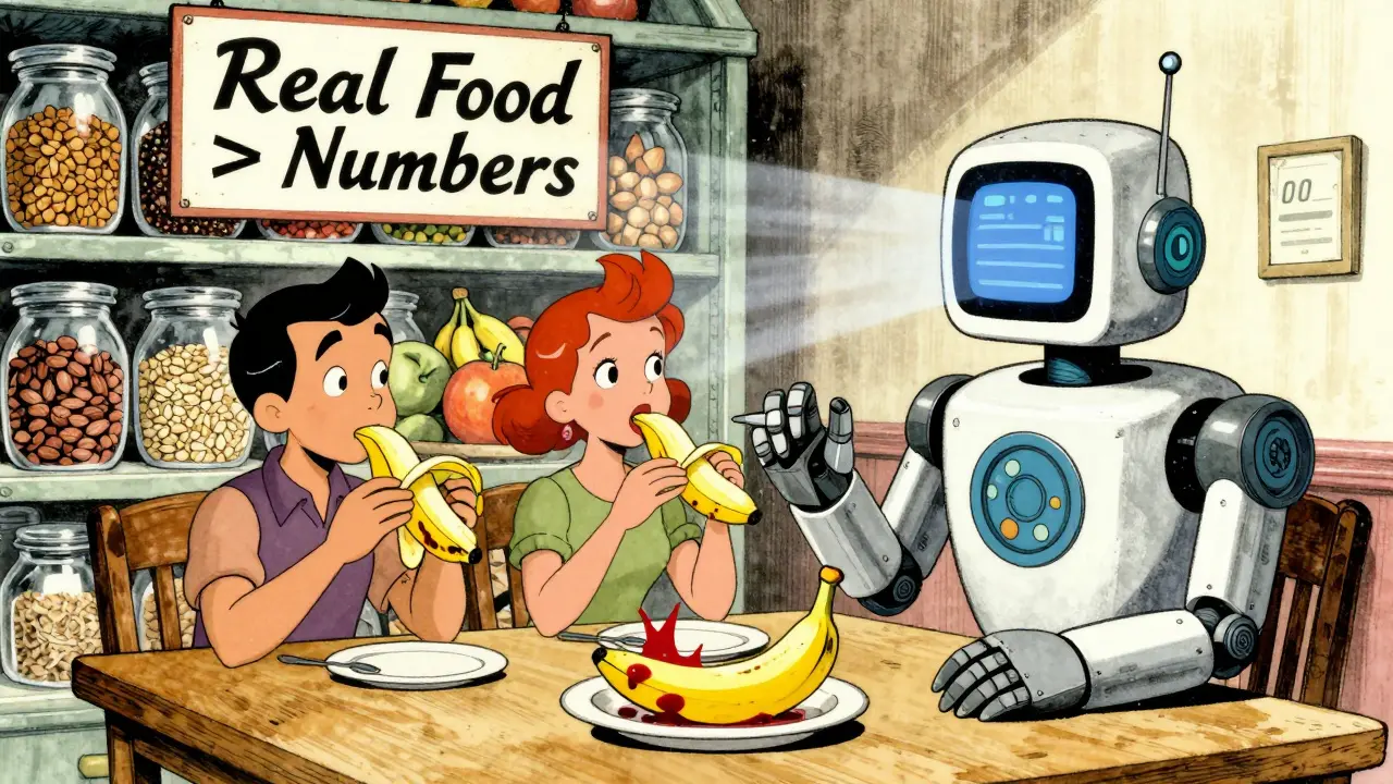 An AI robot shows personalized blood sugar responses to a banana, surrounded by whole foods.