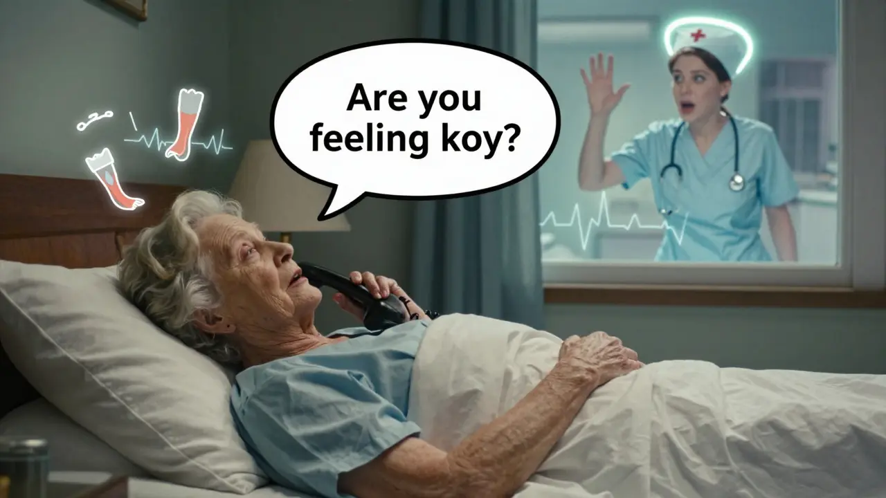 An elderly woman receives a voice call from a nurse checking on her symptoms, with floating health warning icons around her.