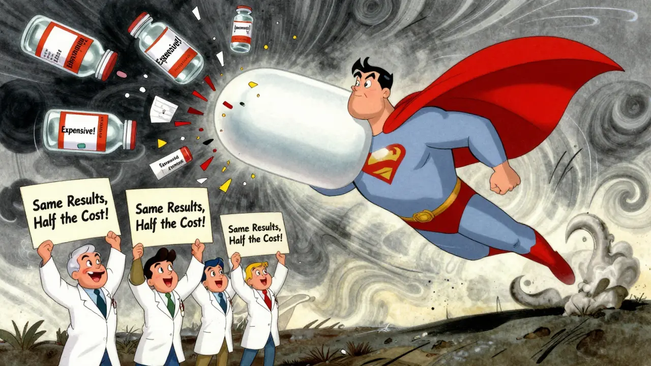 Biosimilar pill with cape defeating expensive biologic vials as doctors and patients celebrate.