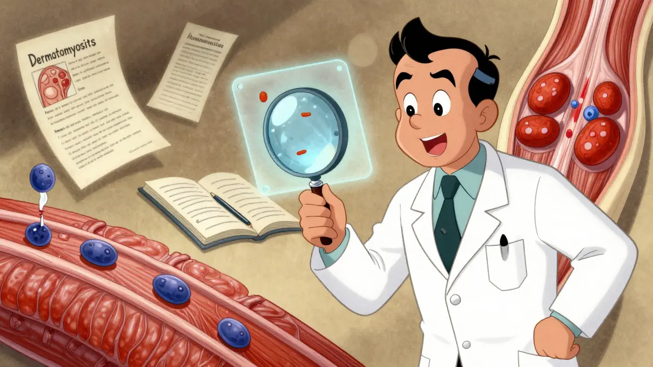 Doctor examining a muscle biopsy slide showing two types of inflammation patterns in stylized 1930s animation.