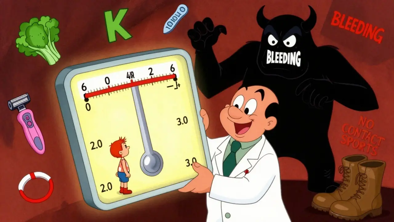 Doctor holding INR scale with patient on safe zone, menacing bleeding monster behind, floating safety symbols in vintage animation style.