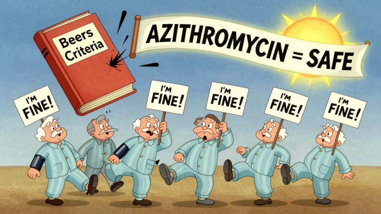 Elderly people wobbling from low blood pressure, with a textbook slamming shut and a 'AZITHROMYCIN = SAFE' banner in the sky, drawn in Fleischer Studios style.