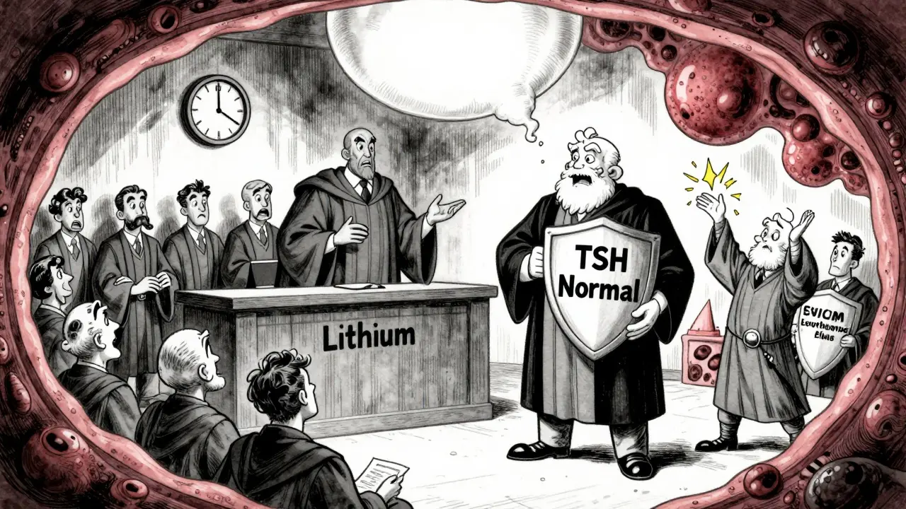 Human body courtroom where thyroid cells judge lithium, defended by levothyroxine and selenium.