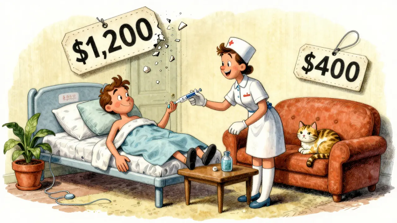 Patient receiving infusion at home with nurse, while hospital cost tag breaks apart into confetti.