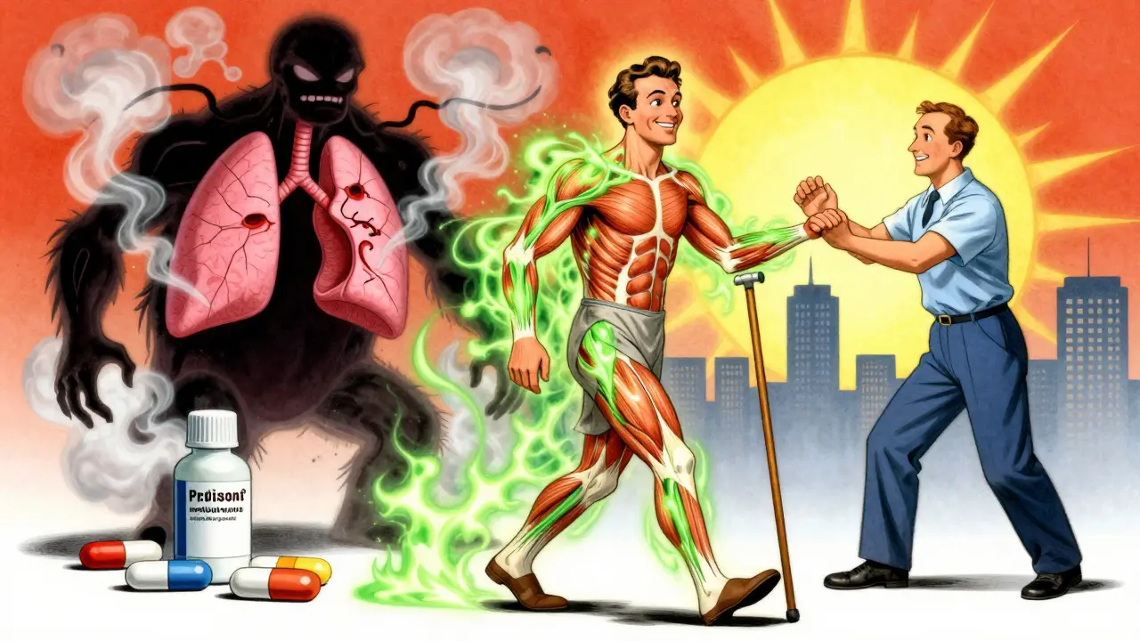 Patient walking with cane, muscles glowing green, cancer shadow fading, surrounded by medicine and therapy symbols.