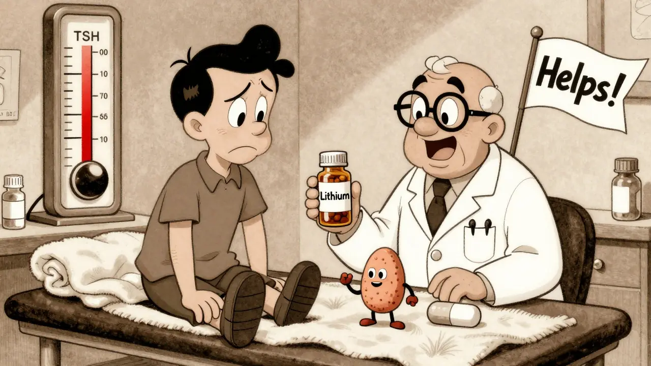 Patient with oversized TSH meter, levothyroxine pill offering comfort, selenium tablet waving help.