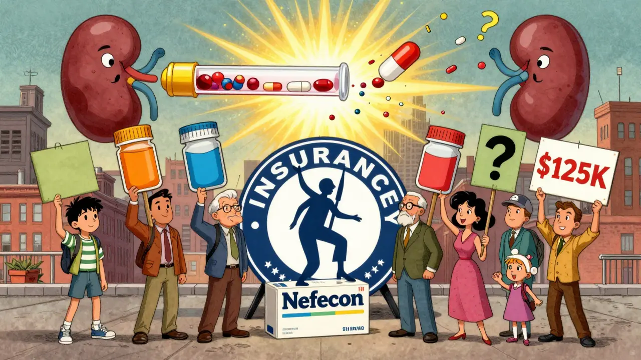 Patients protest high drug costs while a future of personalized biomarker-guided treatment shines above them.