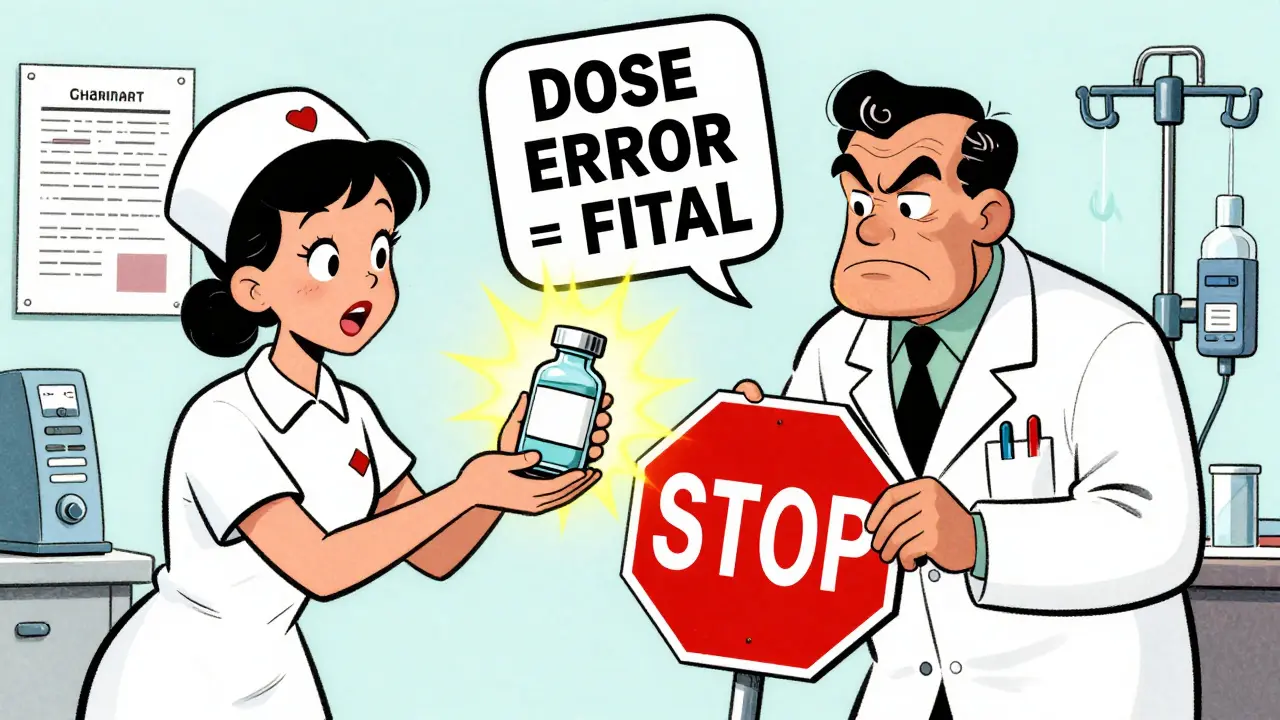 Pharmacist stops unsafe potassium chloride transfer with a giant STOP sign in Fleischer Studios cartoon style.
