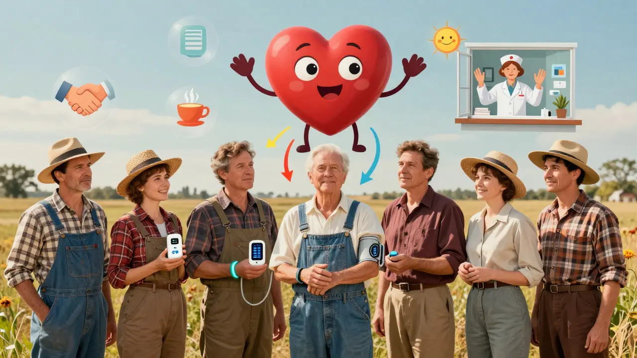Rural patients hold telehealth devices as data flows into a giant heart, symbolizing trust and connection with their care team.