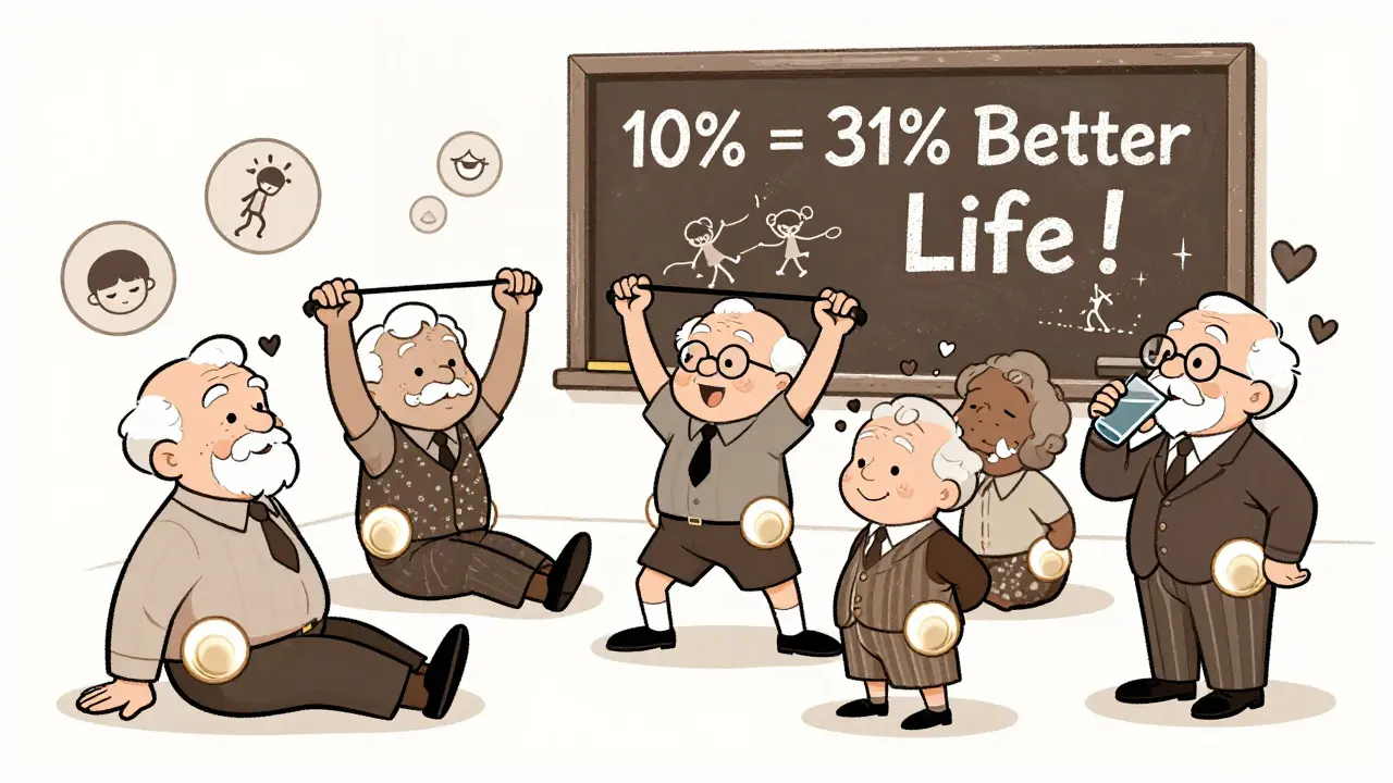Seniors doing gentle exercises together, their hip joints protected by glowing muscles, with a chalkboard showing weight loss benefits.