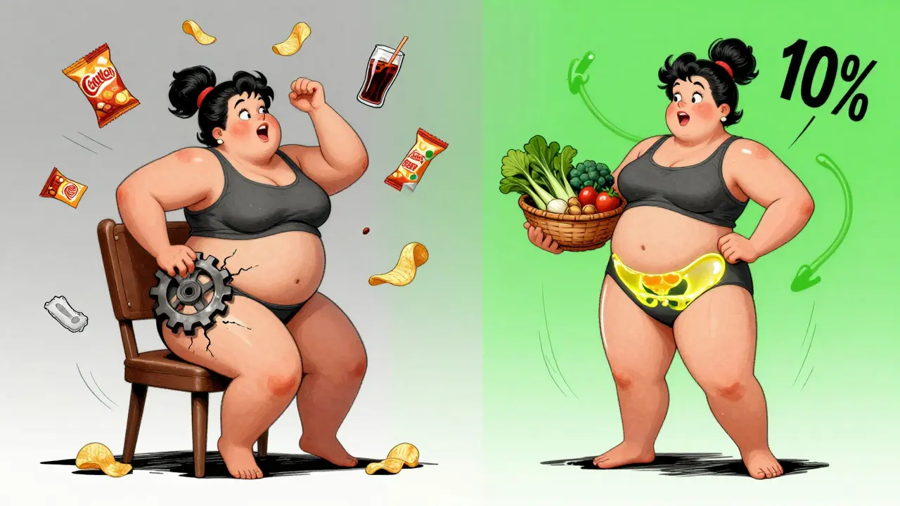 Split scene: a woman struggling to stand versus standing easily after weight loss, with junk food replaced by healthy foods.