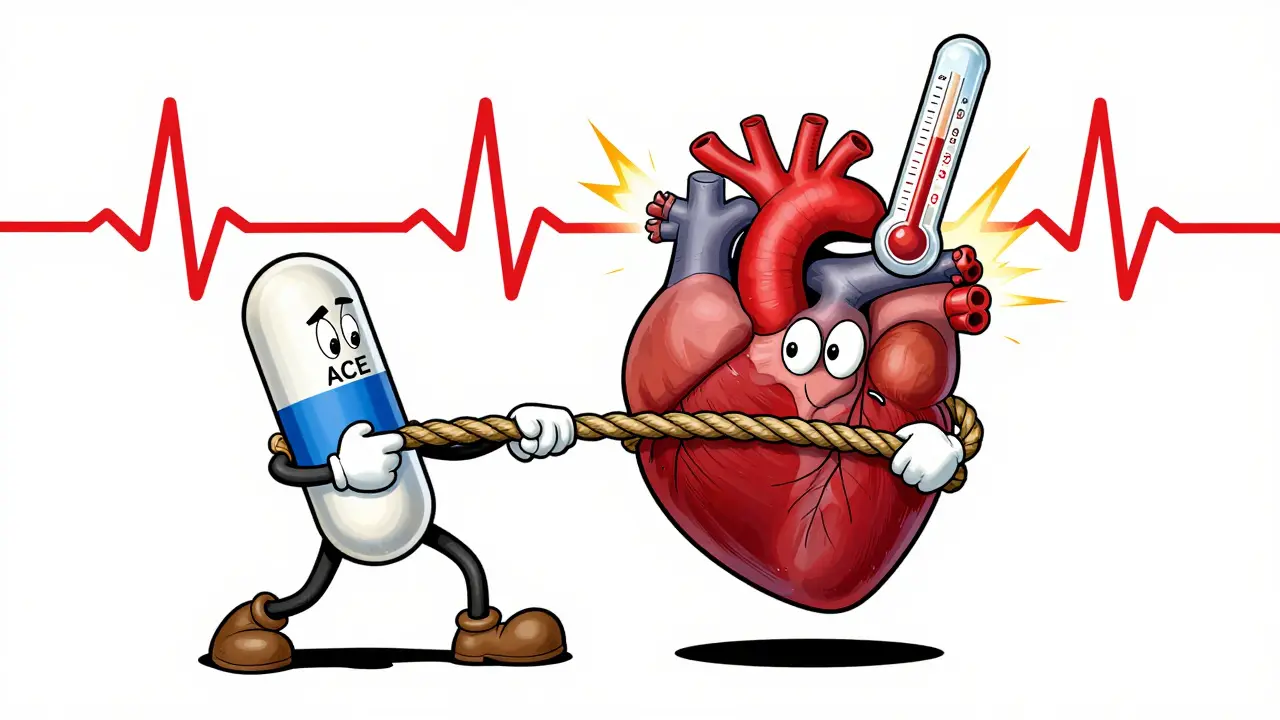 Two drugs pulling on a rope around a heart, with rising potassium levels and erratic ECG waves in vintage cartoon style.