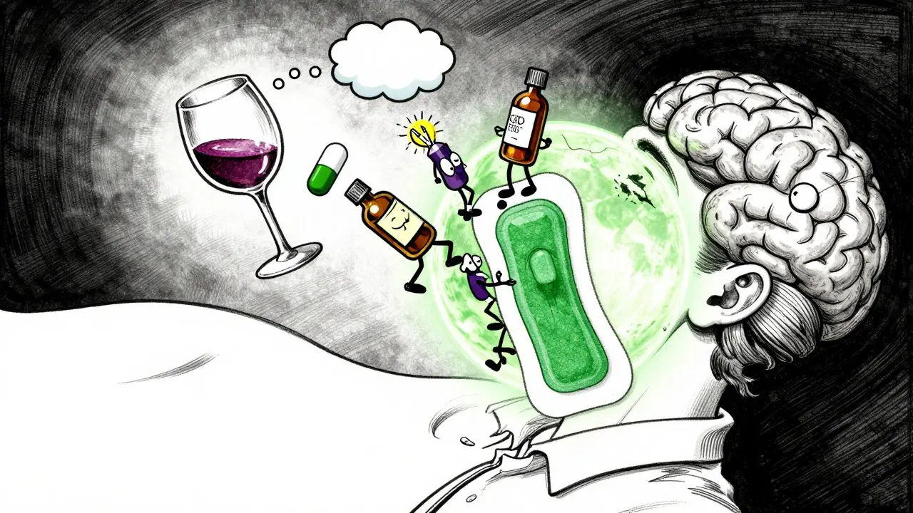 A giant scopolamine patch being overwhelmed by sedative substances, with a dimming brain lightbulb.