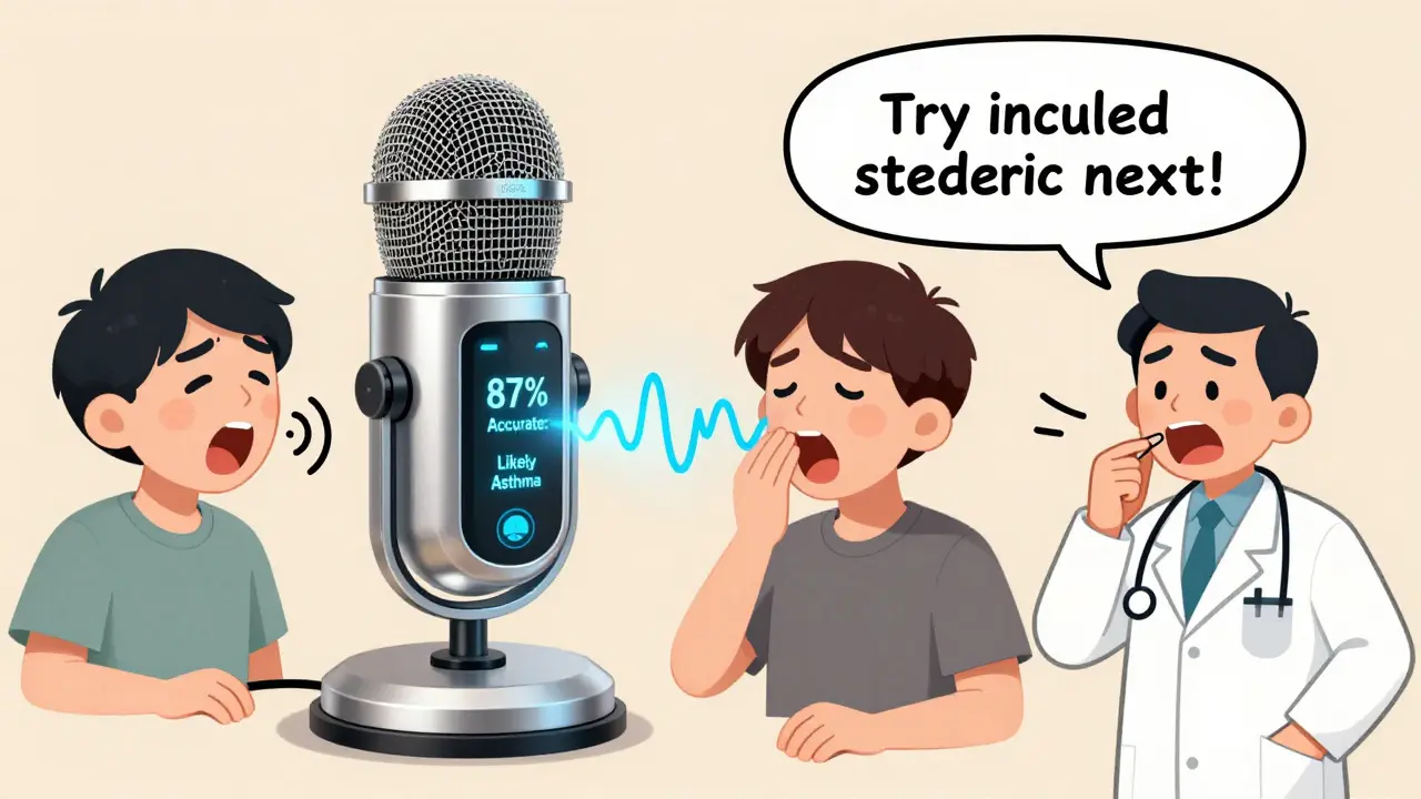 A retro-futuristic AI microphone analyzing three types of coughs with a screen showing 87% accuracy, in Fleischer Studios style.