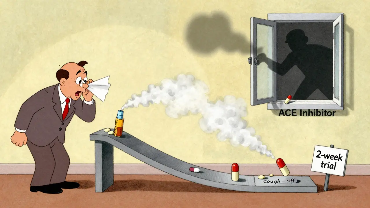 A Rube Goldberg machine diagnosing chronic cough with antihistamines, inhalers, and an ACE inhibitor being thrown out, in Fleischer Studios style.