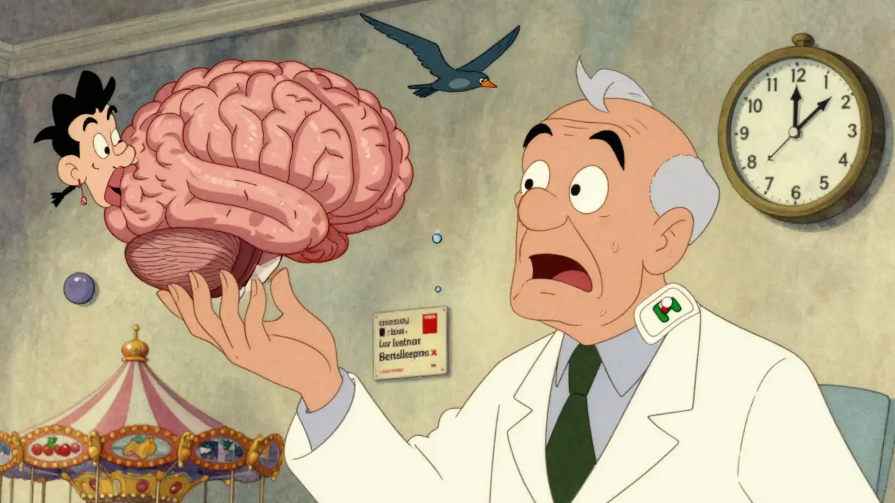 An elderly man's brain turning into a confused carousel while a scopolamine patch remains active after 24 hours.