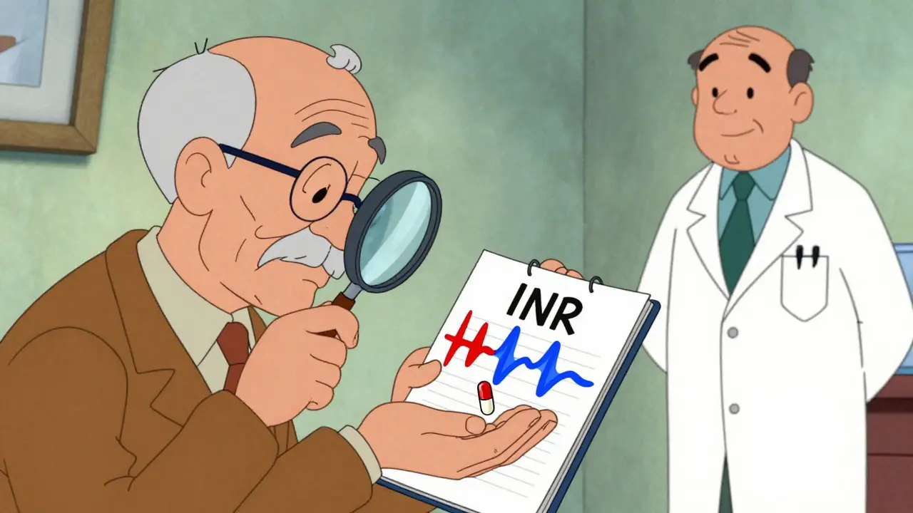 An elderly man watches his INR stabilize as a vitamin K capsule flows into his body, turning red spikes into blue waves.
