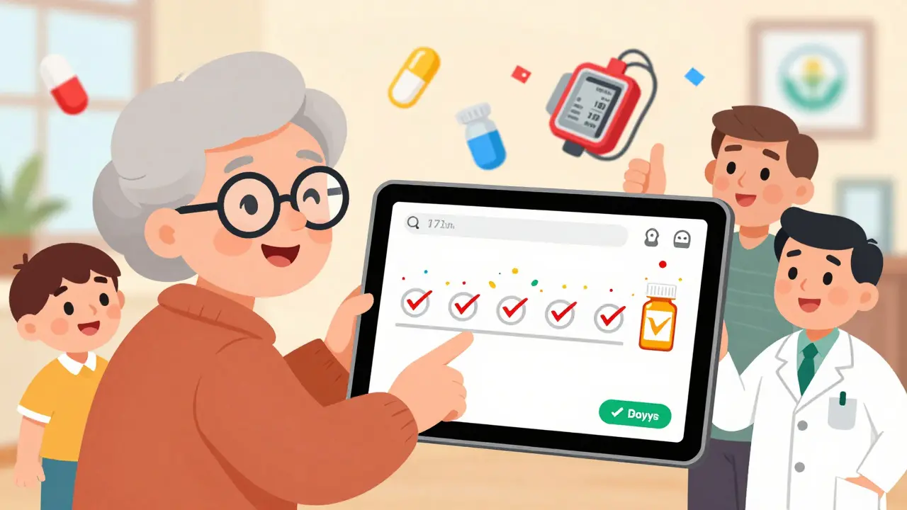 An elderly woman guided by a friendly pill bottle icon, with family and pharmacist icons cheering, as a vibrant timeline of checkmarks glows on a tablet screen.