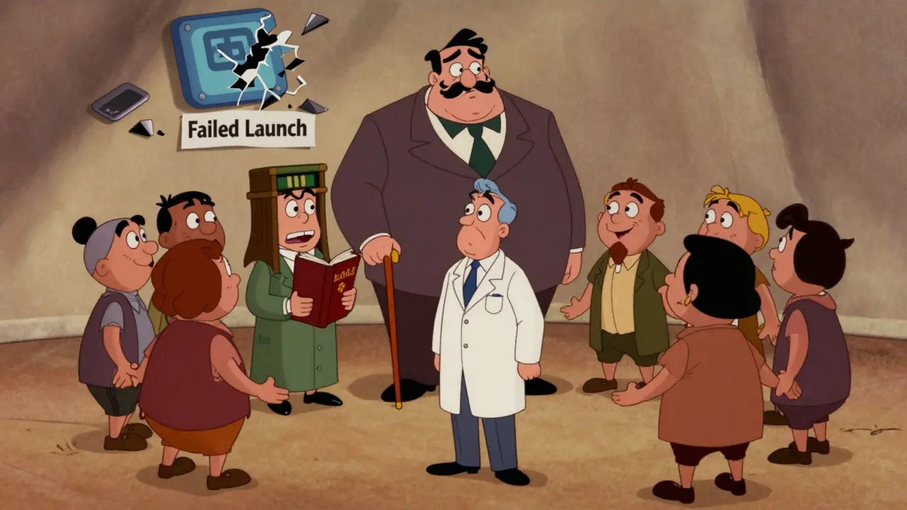 An engineer facing three giant personified cultural traits: a boss, a nervous librarian, and a group holding hands, with a broken app below.