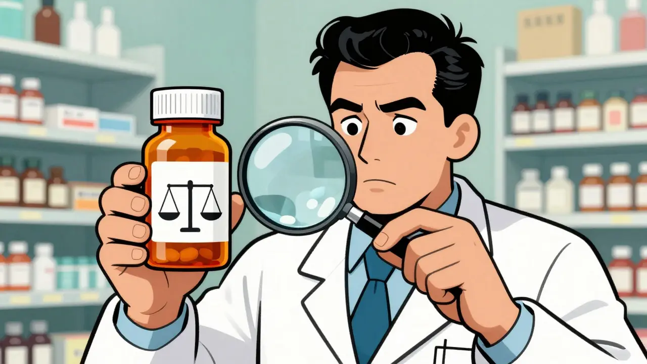 FDA inspector examining pill bottle with magnifying glass in pharmacy