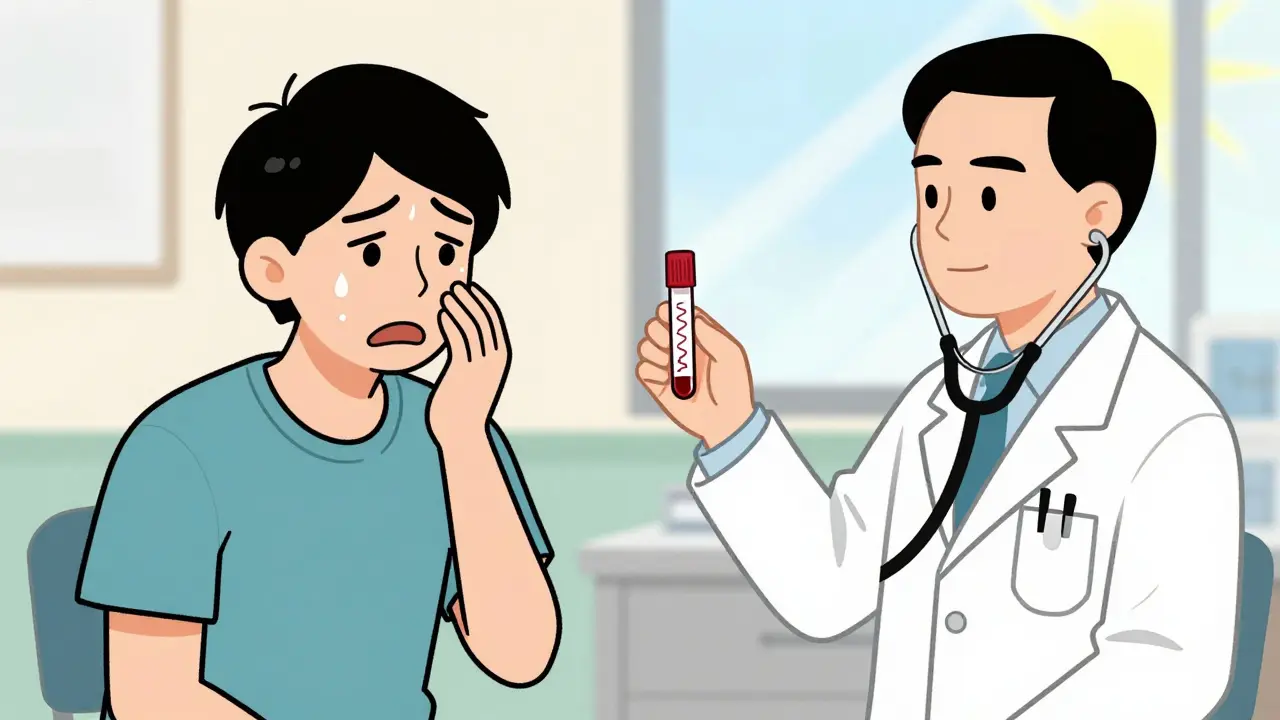 Patient and doctor discussing blood test results in medical office