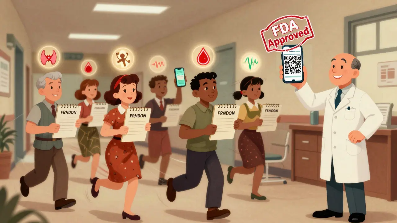 Patients in a clinic holding medication journals with glowing icons representing thyroid, blood, and seizure issues, while a pharmacist holds a QR code.