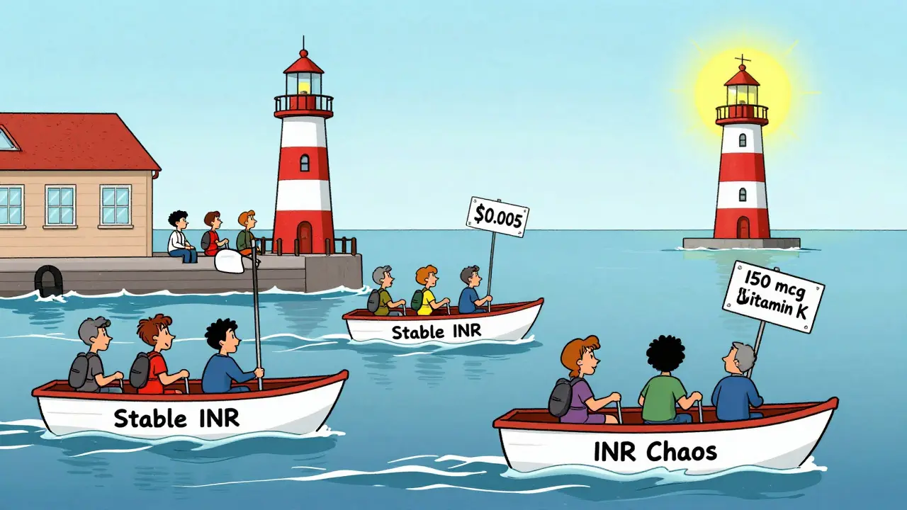Patients sail smoothly on calm waters labeled 'Stable INR' under a lighthouse labeled 'Vitamin K,' while others battle stormy waves.