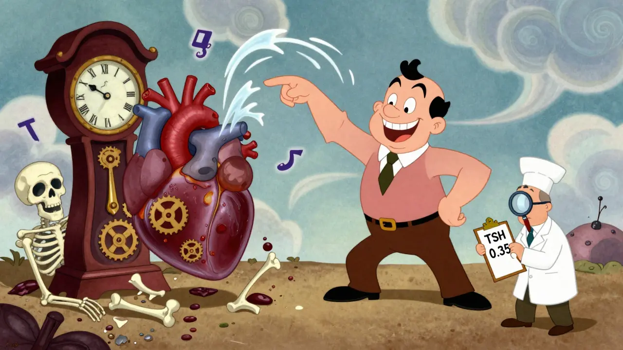 Personified thyroid overworking a heart and bone, in 1930s animation style.