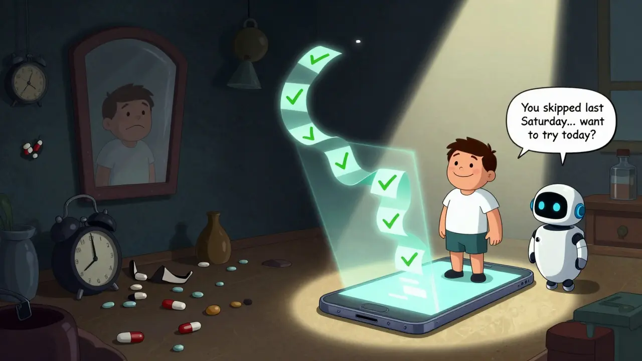 Split scene: chaotic dark room with scattered pills vs. bright orderly space with glowing green checkmark ribbon and hovering AI robot offering a gentle nudge.