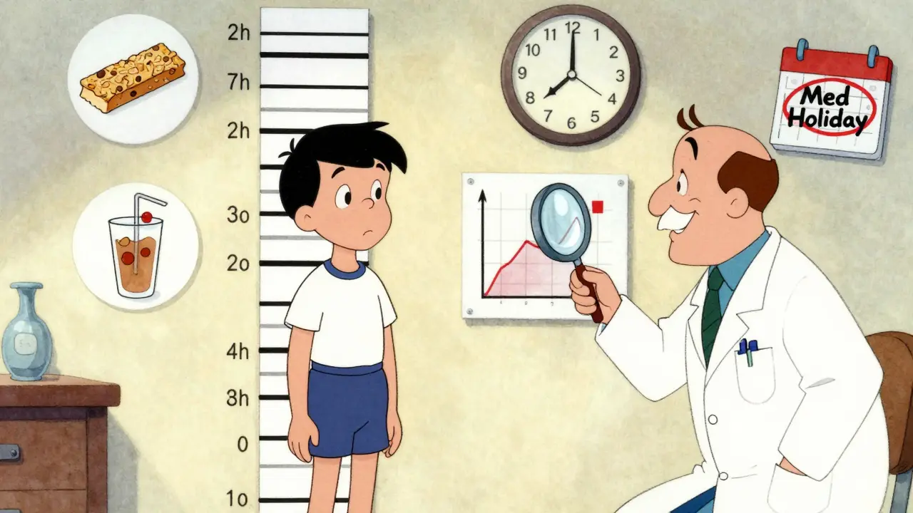 Teen comparing height on a growth chart with a doctor, icons of food and weekend break floating nearby.