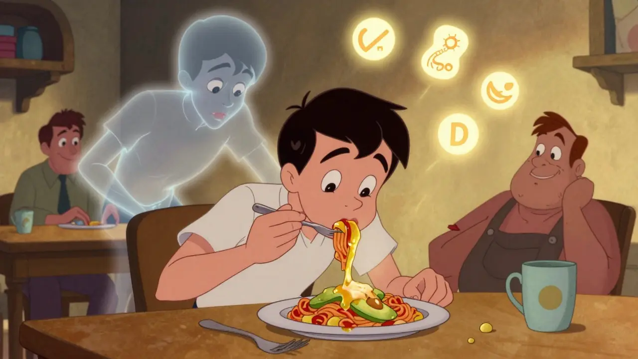 Teen happily eating a calorie-dense dinner, ghost of his thinner self fading behind him.