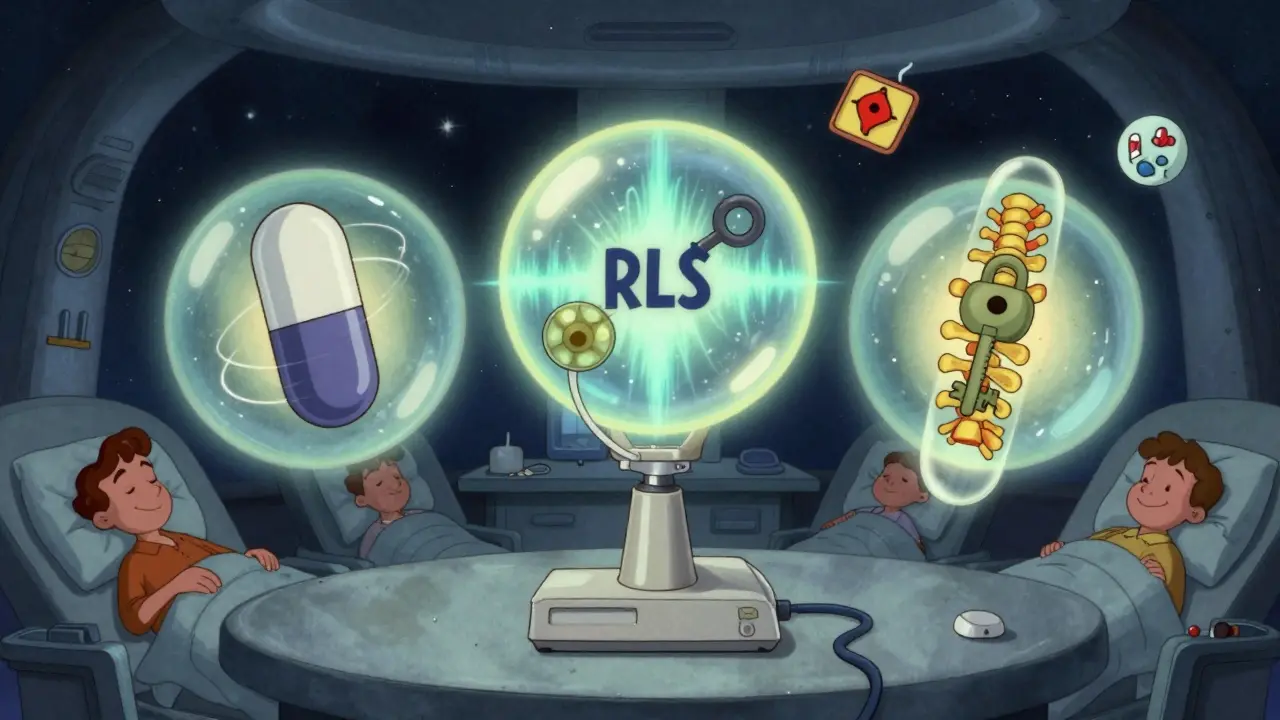 Three glowing medical treatments floating beside peaceful sleeping patients under a starry sky.