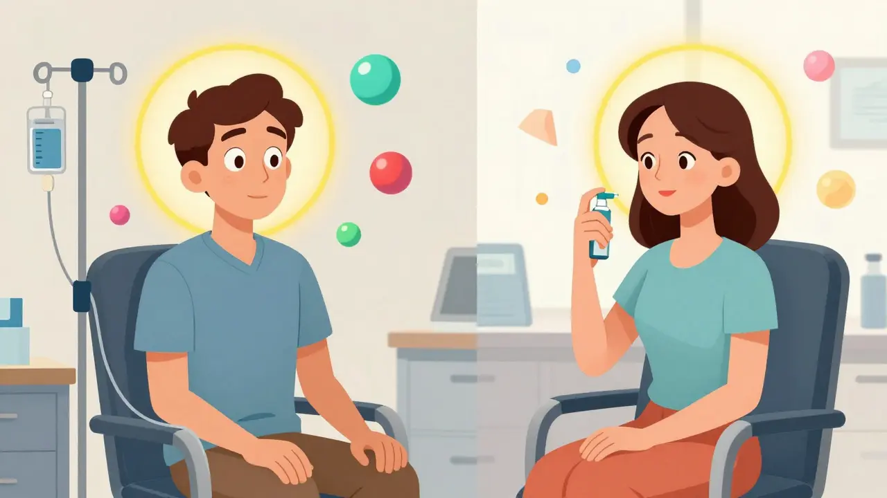 Two patients receiving ketamine and esketamine treatments, each surrounded by colorful, floating shapes representing their different experiences.