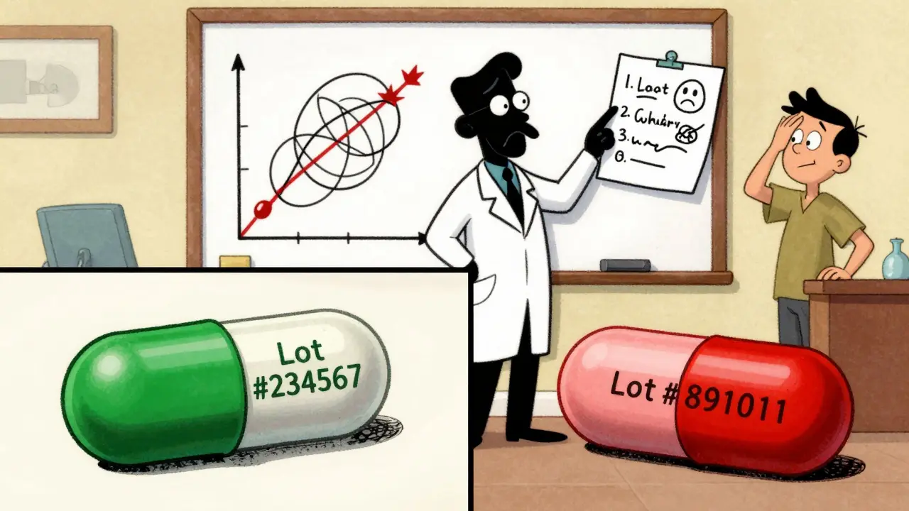 Two pills with different lot numbers and coatings shown side by side, with symptom doodles and a doctor pointing at graphs.
