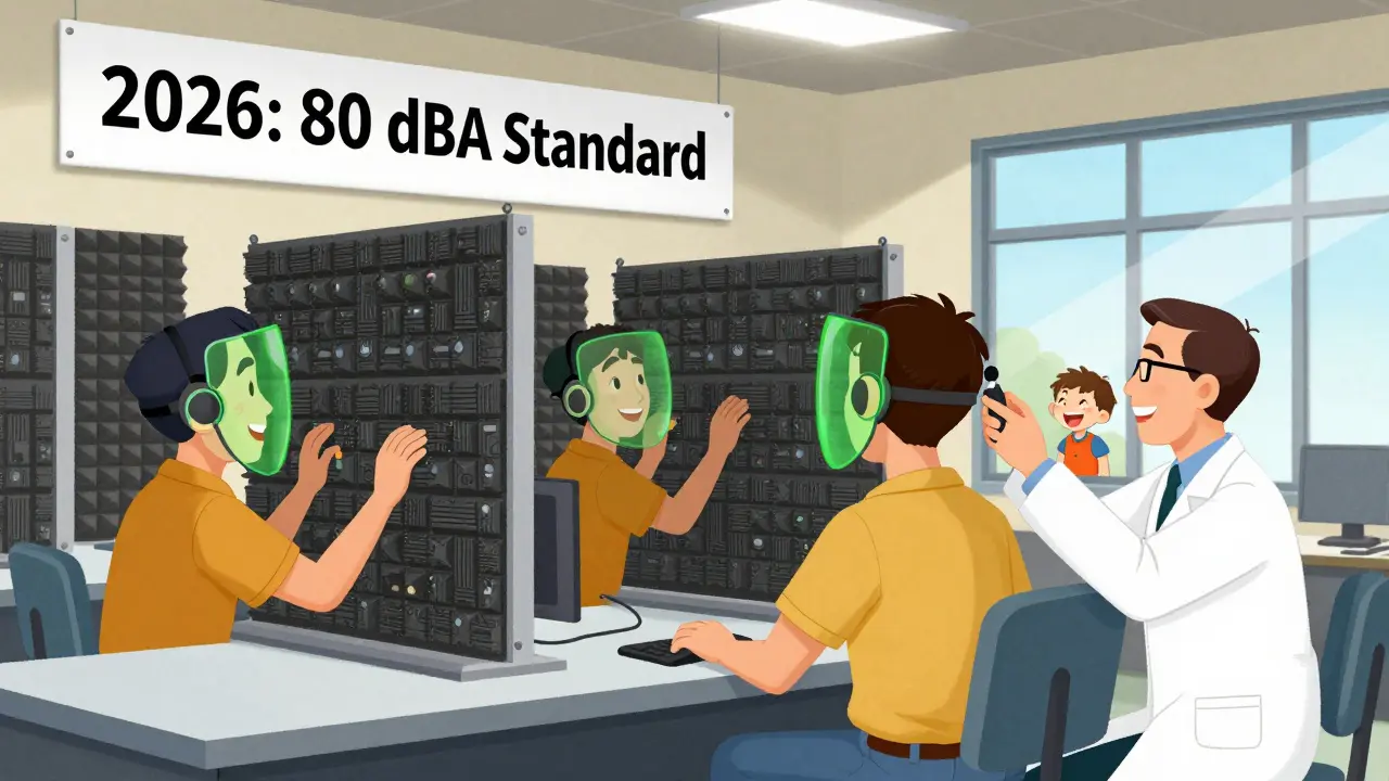 A modern safe workshop with workers protected and a child laughing in background, cartoon style.