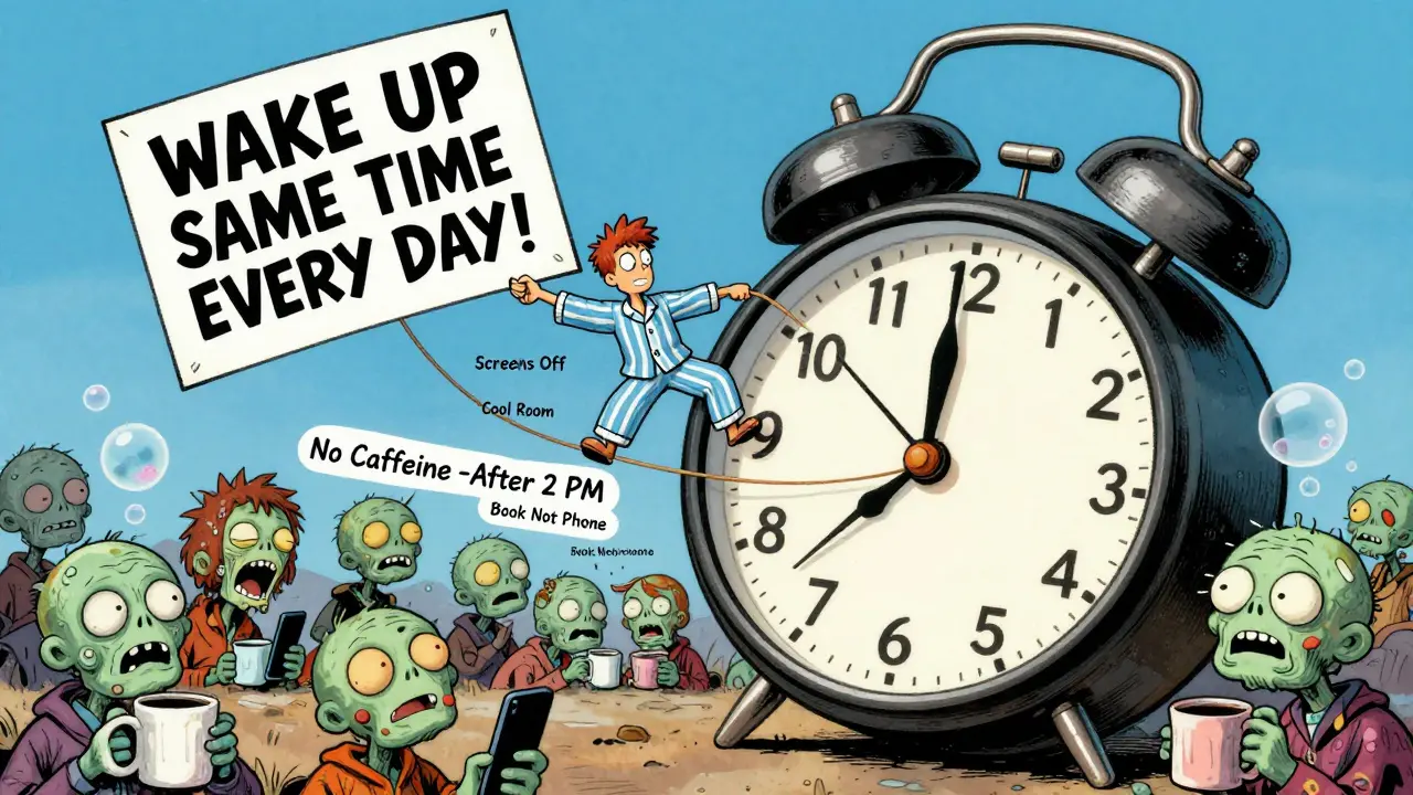 A small person tugs on habit ropes to improve sleep while others sleep poorly, in vibrant Fleischer Studios cartoon animation style.