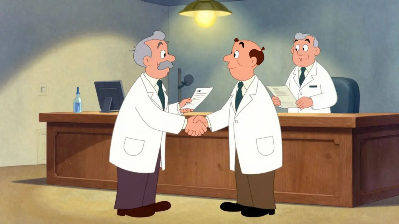 Cartoon doctor and pharmacist shaking hands at a wooden reception desk.
