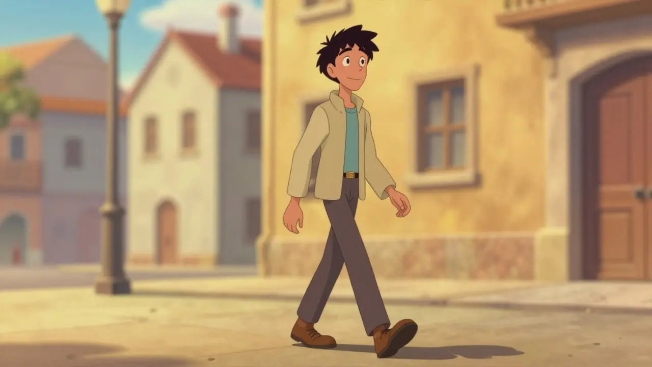 Cartoon figure walking confidently in sunlight