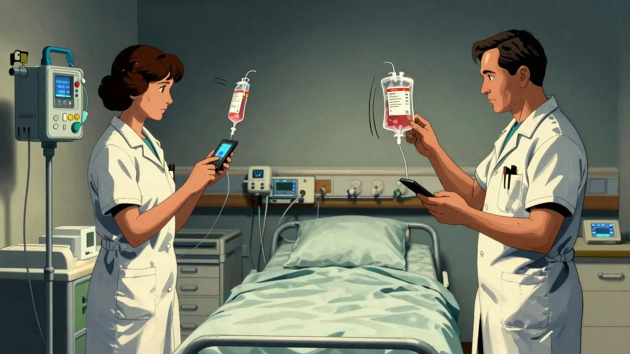 Clinicians checking insulin and chemotherapy infusions at opposite ends of an ICU, with motion lines and detailed thought bubbles.