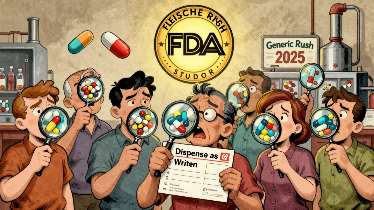 Diverse patients examining changing generic pills under magnifying glass, FDA seal above, factory in distance.