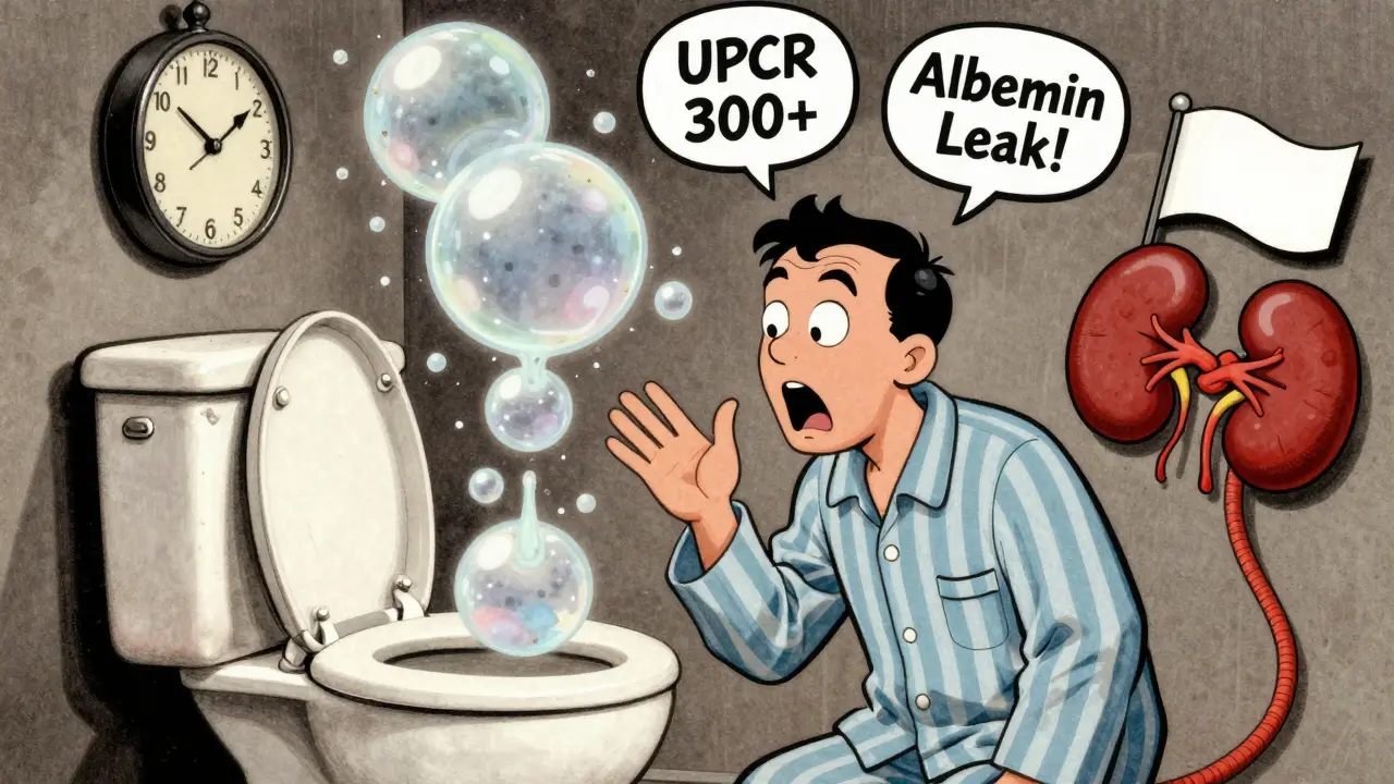 Man shocked at foamy toilet stream with diagnostic labels floating nearby