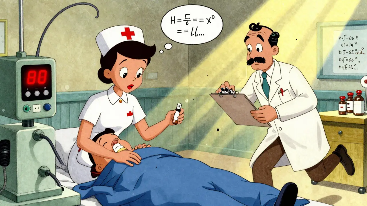 Nurse administering epinephrine during an emergency while pharmacist arrives to verify, in dynamic vintage animation style.