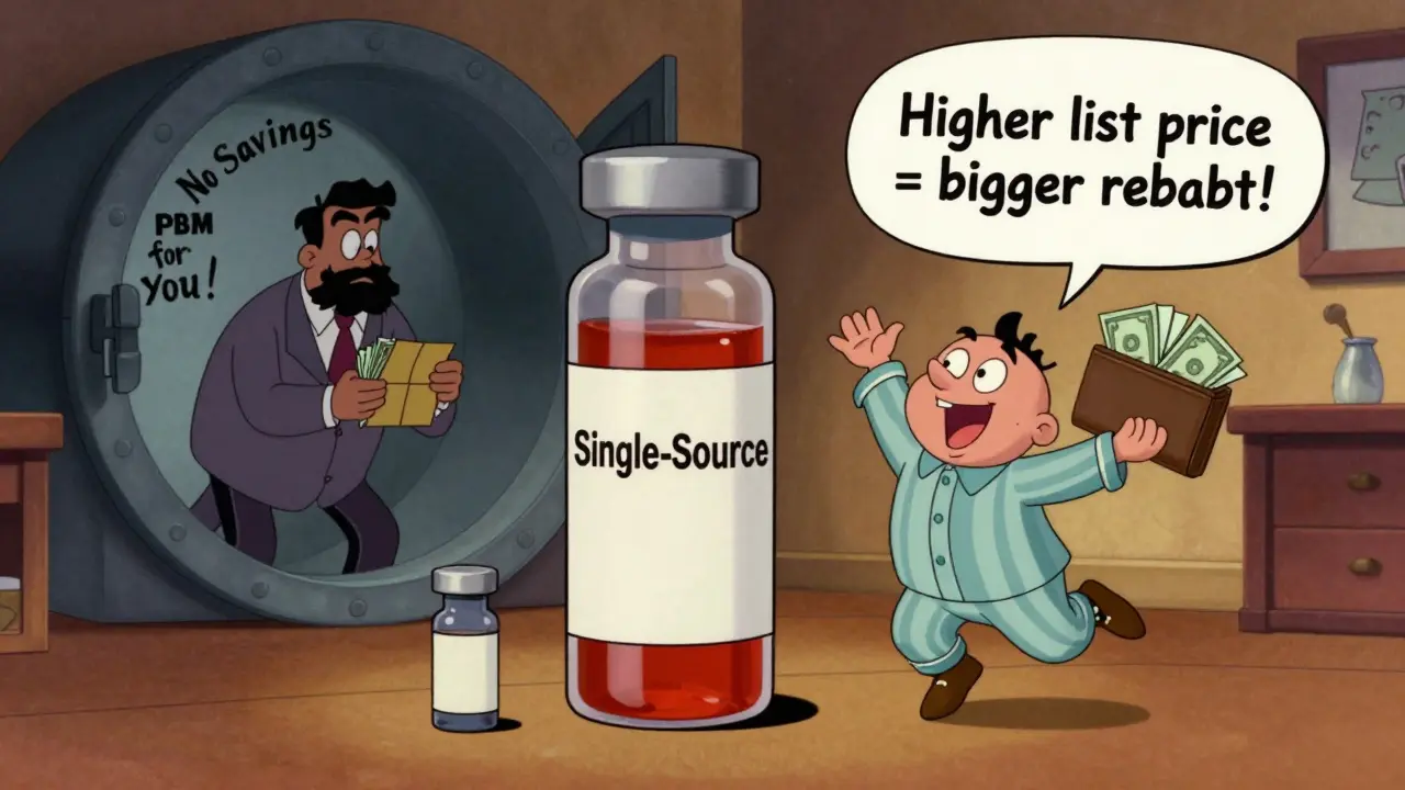 Patient joyful over savings from switching insulin, while shadowy PBM counts rebates in a vault.