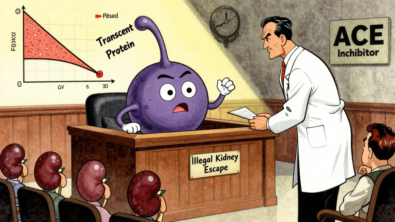 Protein molecule on trial in courtroom with kidneys as jury