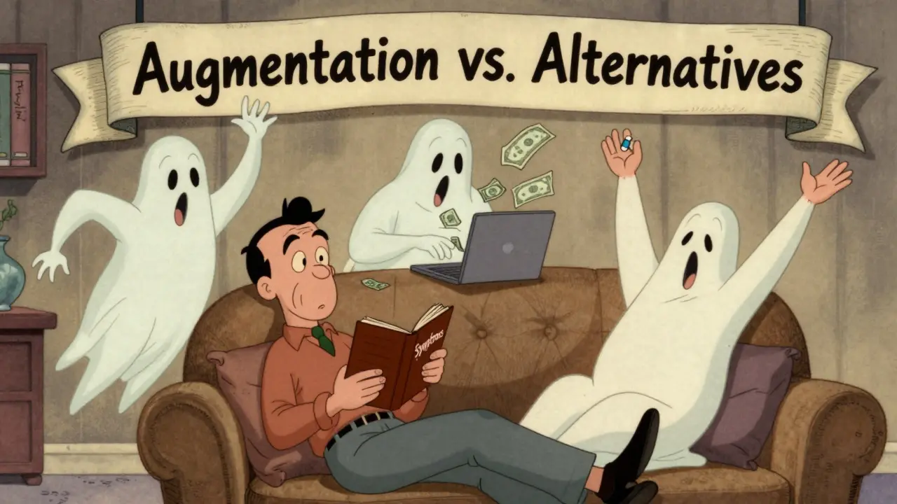 Three versions of a patient showing augmentation, compulsive behavior, and alternative treatment.